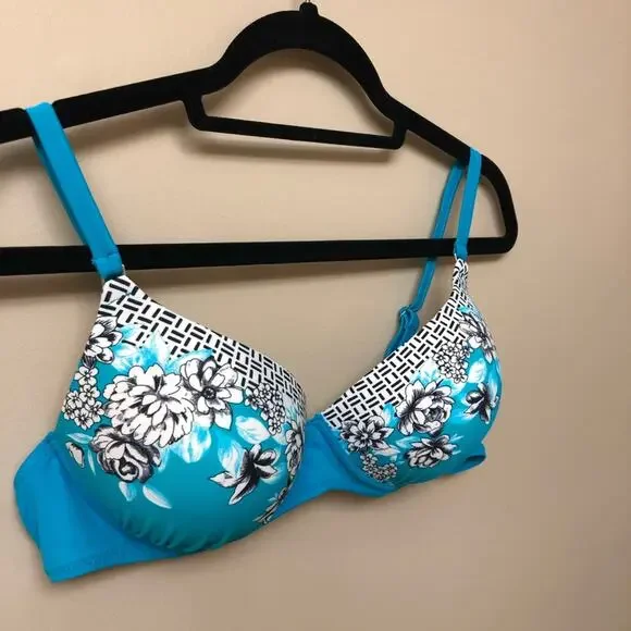 Turquoise Padded Bikini Top White Flowers US 12/13 - Picture 15 of 16
